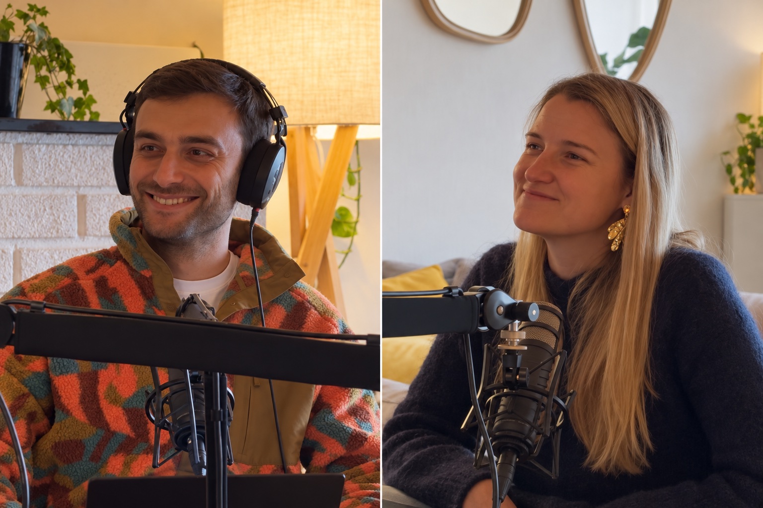 Lucie and Alban recording an episode — edited photographic composite